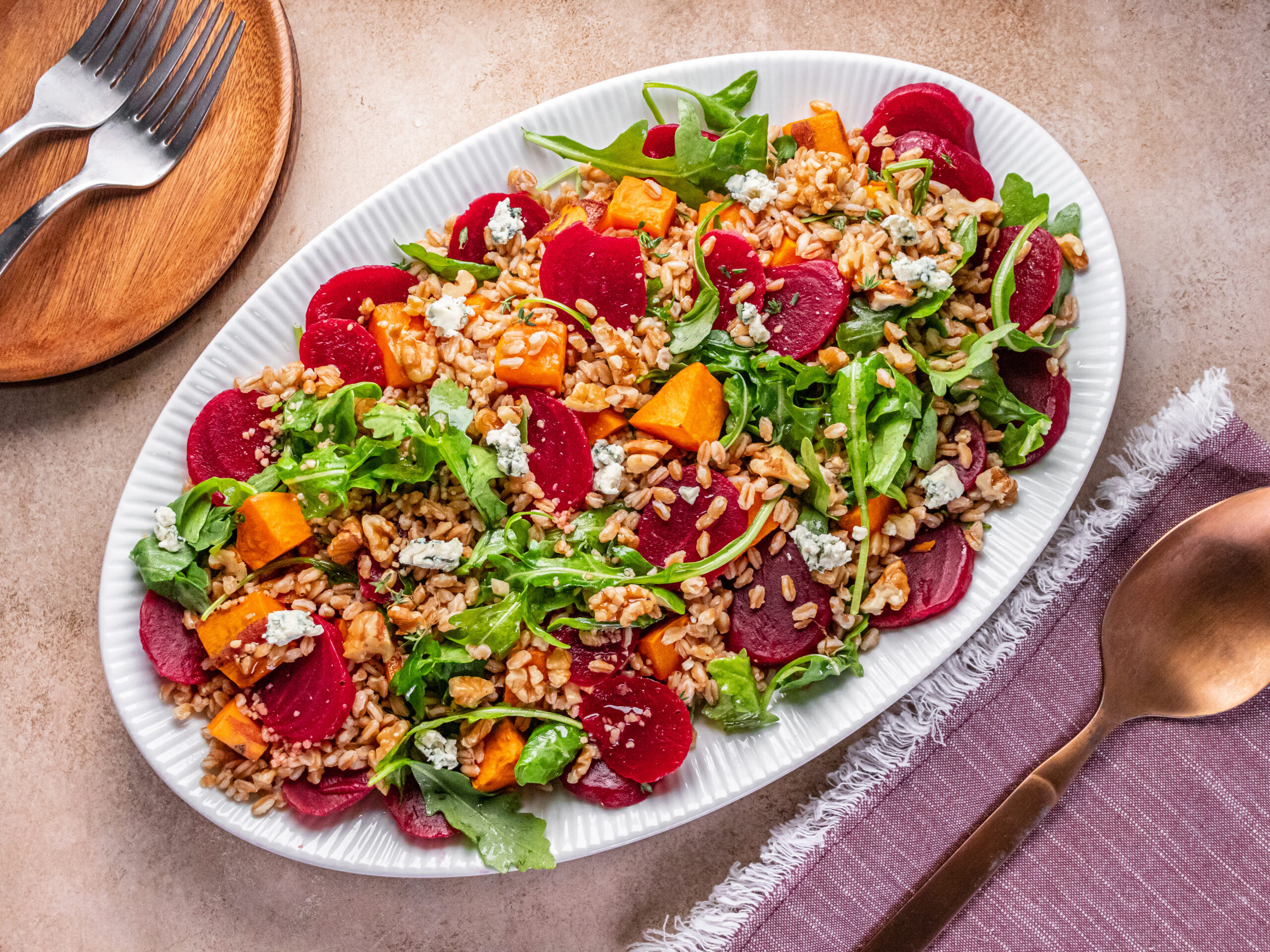 Farro Salad with Roasted Sweet Potatoes and Beets