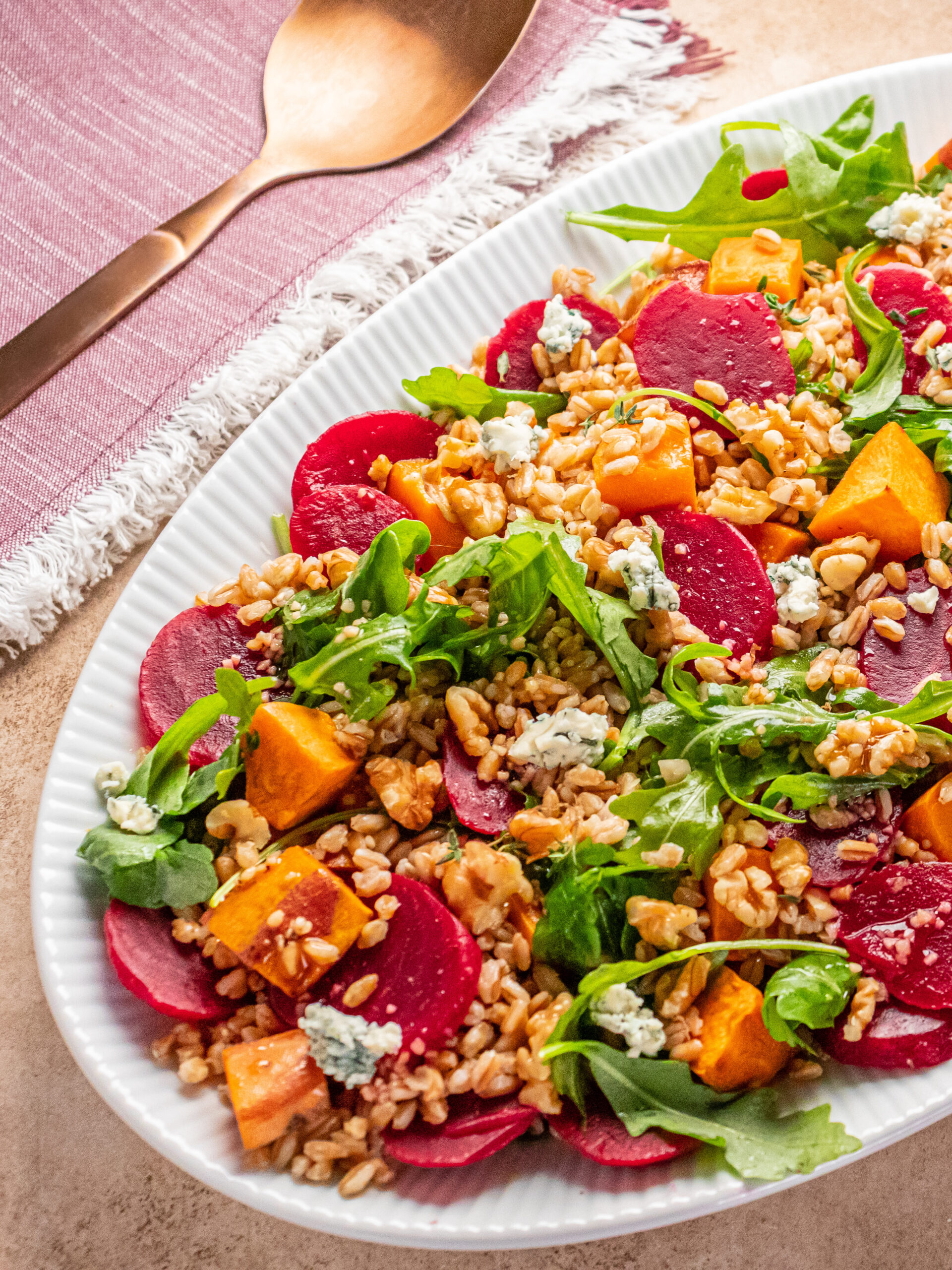 Farro Salad with Roasted Sweet Potatoes and Beets