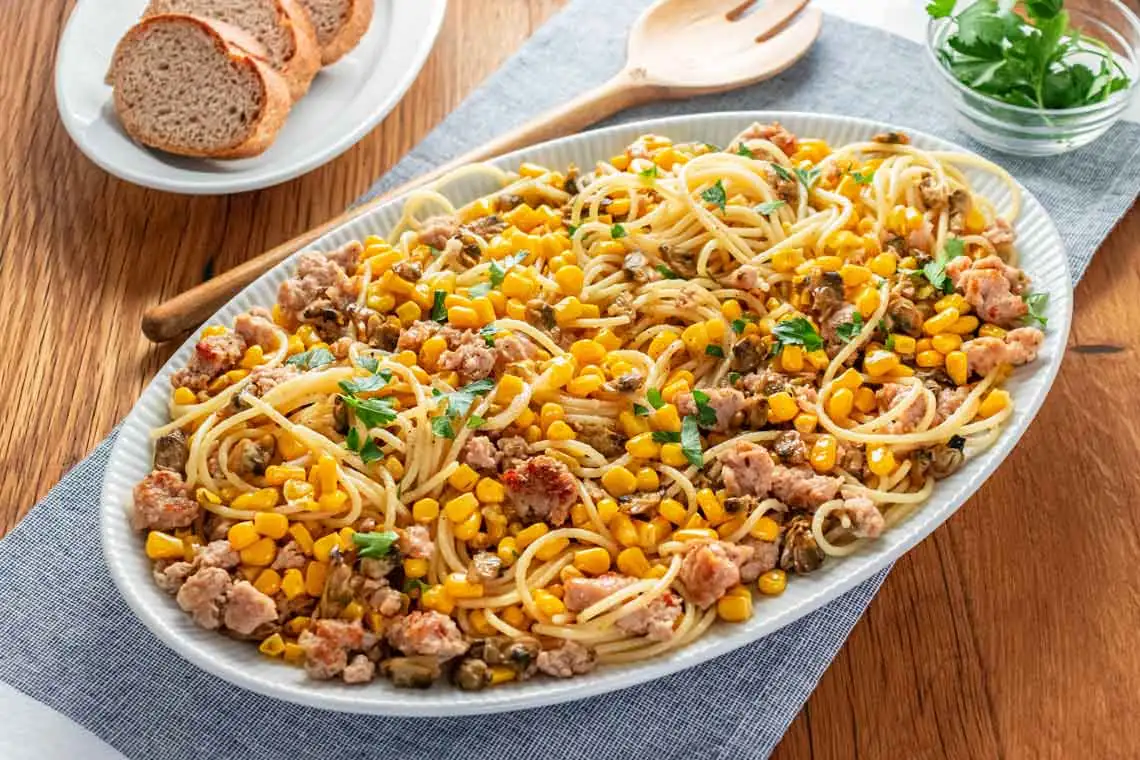 Spaghetti with Corn, Sausage, and Clams
