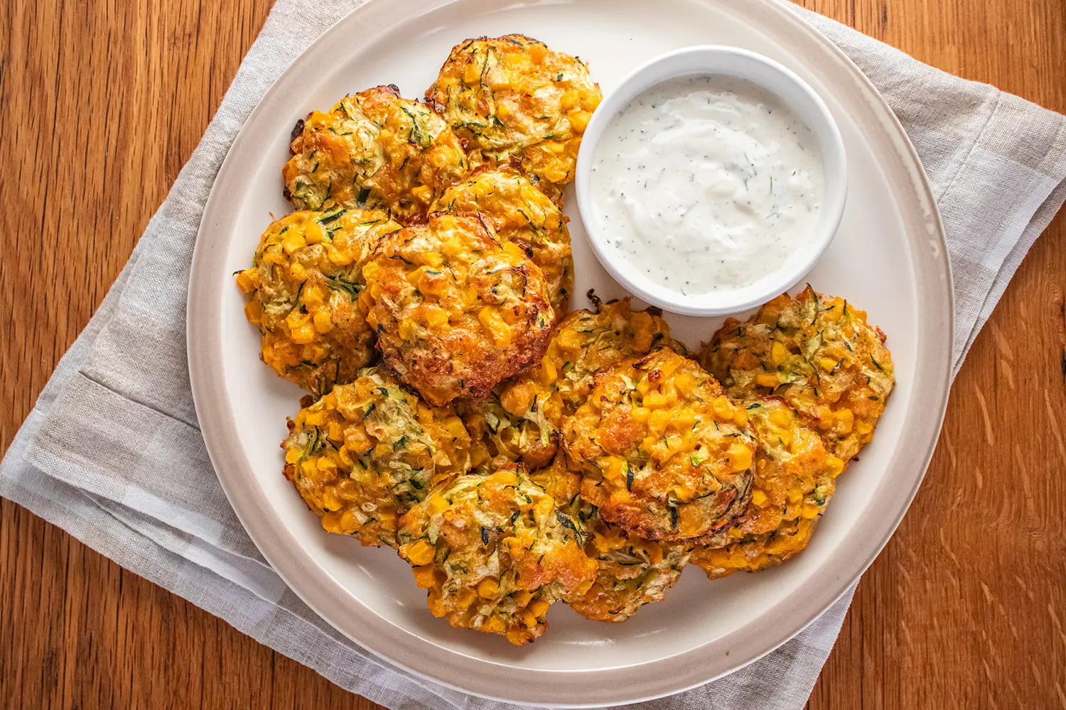 Zucchini Corn Bites with Dill Yogurt Dipping Sauce