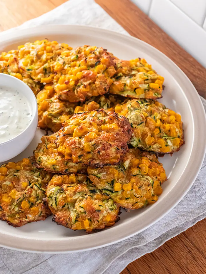 Zucchini Corn Bites with Dill Yogurt Dipping Sauce